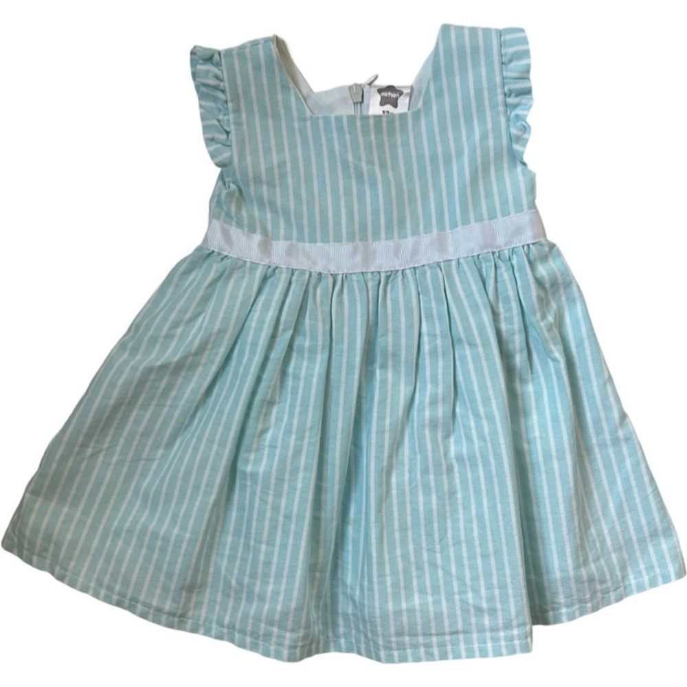 Minhon Aqua baby girls short sleeve sundress. Agua and white striped sundress 6M